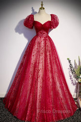 Burgundy Tulle Long Formal Prom Dress with Sequins, A-Line Short Sleeve Evening Dress