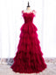 Burgundy Tulle Long Prom Dresses, Burgundy Formal Graduation Dresses
