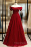 Burgundy Tulle Off the Shoulder Beading Sequins Formal Prom Dress
