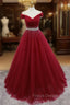 Burgundy Tulle Off the Shoulder Pleats Beading Formal Prom Dress