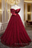 Burgundy Tulle Satin Off the Shoulder Formal Prom Dress
