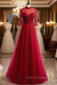 Burgundy Tulle Sequins Backless Short Sleeve Formal Prom Dress
