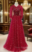Burgundy Tulle Sequins Beading Short Sleeve Formal Prom Dress