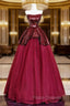 Burgundy Tulle Sequins Long Formal Prom Dress, A-Line Strapless Evening Party Dress