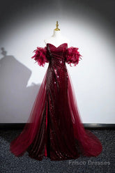 Burgundy Tulle Sequins Long Prom Dress, Burgundy Evening Party Dress