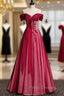 Burgundy Tulle Sequins Off the Shoulder Beading Pleats Formal Prom Dress