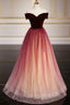 Burgundy Tulle Sequins Off the Shoulder Formal Prom Dress