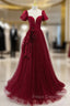 Burgundy Tulle Short Sleeve Backless Pleats Formal Prom Dress