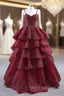 Burgundy Tulle Spaghetti Straps Beading Tiers Formal Prom Dress