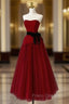 Burgundy Tulle Strapless Tea Length Formal Prom Dress