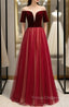 Burgundy Tulle Velvet Short Sleeve Backless Formal Prom Dress