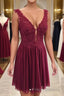 Burgundy v neck chiffon lace short Formal Prom Dresses, homecoming Dresses