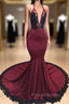 Burgundy V-neck Halter Appliques Long Mermaid Evening Dress
