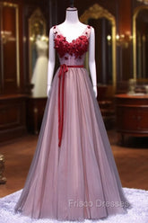 Burgundy V Neck Lace Floral Long Formal Prom Dress, Burgundy V Neck Long Formal Evening Dress