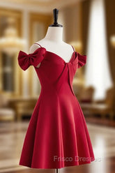 Burgundy V Neck Satin Short Formal Prom Dress, Burgundy Homecoming Dress