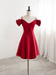 Burgundy V Neck Satin Short Formal Prom Dress, Burgundy Homecoming Dress