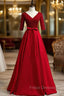Burgundy V-neck Satin Short Sleeve Sequins Formal Prom Dress