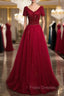 Burgundy V-neck Short Sleeve Beading Formal Prom Dress
