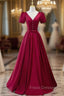 Burgundy V-neck Short Sleeve Pearls Formal Prom Dress