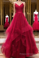 Burgundy v neck tulle long Formal Prom Dresses, burgundy evening Dresses