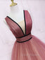 Burgundy V Neck Tulle Long Formal Prom Dress Burgundy Long Evening Dress