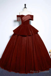 Burgundy Velvet And Tulle Long Formal Dress, A-Line Off The Shoulder Evening Party Dress