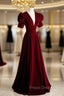 Burgundy Velvet Deep V-neck Puff Sleeve Formal Prom Dress