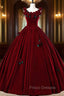 Burgundy Velvet Floor Length Formal Prom Dress, A-Line Evening Party Dress With Flowers
