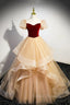 Burgundy Velvet Glitter Cascading Ruffles Formal Prom Dress, Champagne Tulle Floor Length Evening Dress