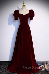 Burgundy Velvet Long A-Line Formal Prom Dress, Simple Short Sleeve Party Dress