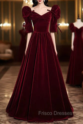 Burgundy Velvet Long Evening Party Dress, A-Line Short Sleeve Formal Prom Dress