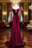 Burgundy Velvet Long Formal Prom Dress, Mermaid Short Sleeve Party Dress Wit Bow