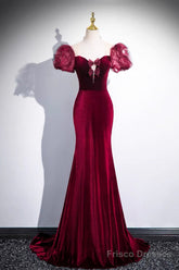 Burgundy Velvet Long Prom Dress, Mermaid Short Sleeve Party Dress Wit Bow