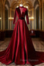 Burgundy Velvet Long Sleeve High Neck See Through Back Formal Prom Dress