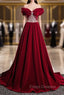 Burgundy Velvet Off the Shoulder Pleats Beading Formal Prom Dress