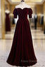 Burgundy Velvet Off the Shoulder Short Sleeve Formal Prom Dress