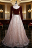 Burgundy Velvet Sequins Long Sleeve Beading Formal Prom Dress