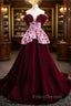 Burgundy Velvet Sequins Off the Shoulder Pearls Formal Prom Dress