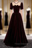 Burgundy Velvet Short Sleeve Bow Formal Prom Dress