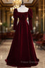Burgundy Velvet Square Bow Long Sleeve Formal Prom Dress