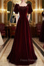 Burgundy Velvet Square Short Sleeve Beading Formal Prom Dress