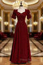 Burgundy Velvet Square Short Sleeve Long Formal Prom Dress