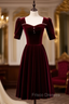 Burgundy Velvet Square Short Sleeve Pearls Formal Prom Dress