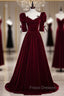 Burgundy Velvet Square Short Sleeve Pleats Formal Prom Dress