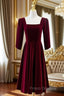 Burgundy Velvet Square Short Sleeve Short Formal Prom Dress