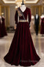 Burgundy Velvet V-neck Long Sleeve Gold Beading Formal Prom Dress