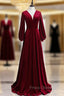 Burgundy Velvet V-neck Long Sleeve Long Formal Prom Dress