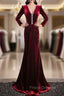 Burgundy Velvet V-neck Long Sleeve Formal Prom Dress