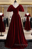Burgundy Velvet V-neck Puff Sleeve Formal Prom Dress