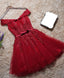 Burgundy Lace Off Shoulder Short Prom Dress, Lace Evening Dress